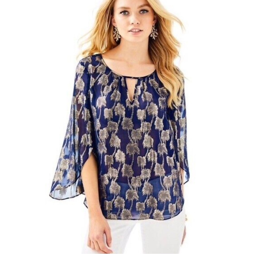 Lilly Pulitzer Beccer Silk Clip Top in True Navy NWT